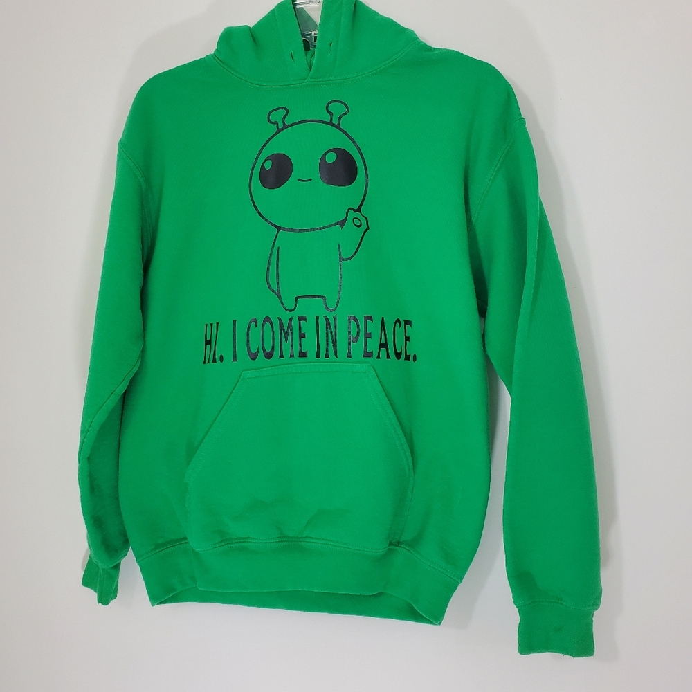 Gildan Green Heavy Blend Hoodie with Alien Design, Size Small